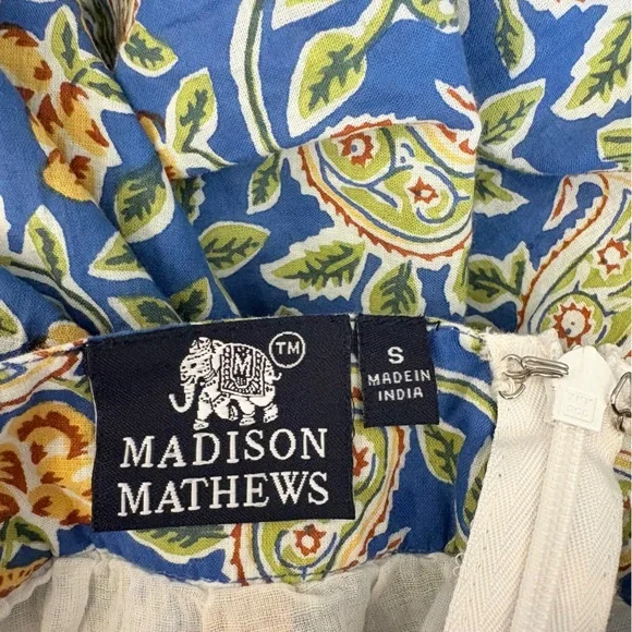 Madison Mathews || Perrin Maxi Dress Open Bsck Block Print Floral Tassels Blue S - Picture 8 of 12